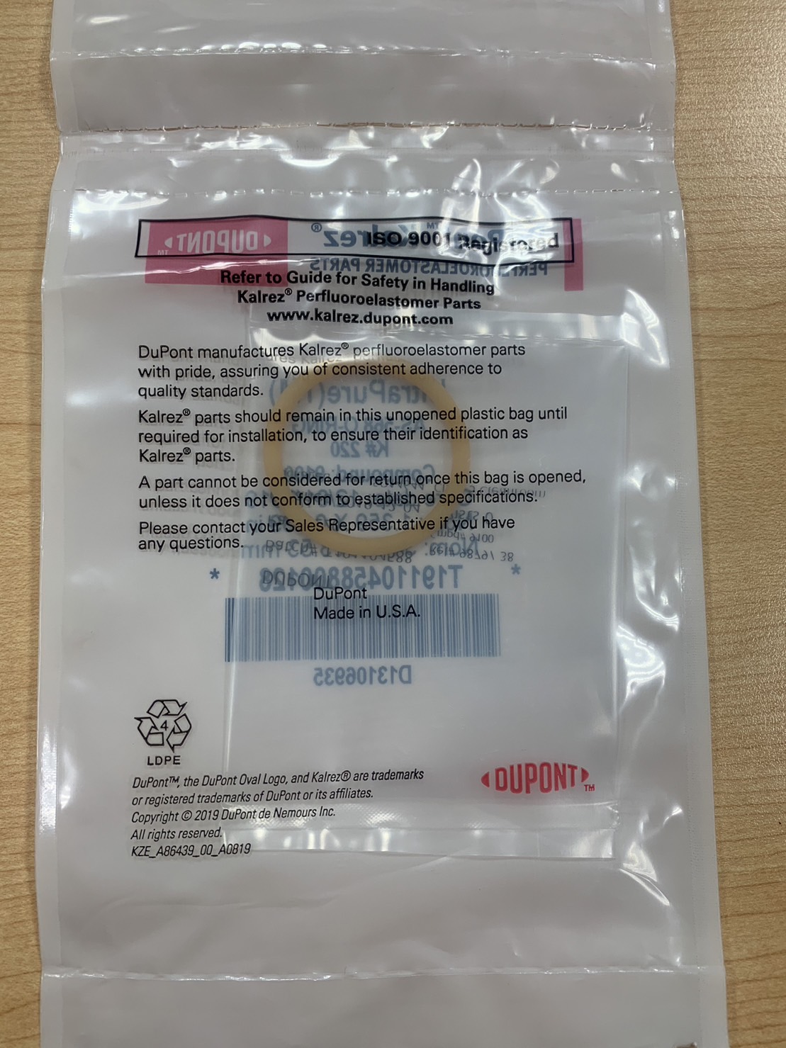 Dupont Kalrez O-ring AS-568 K#220 Compound: 9100